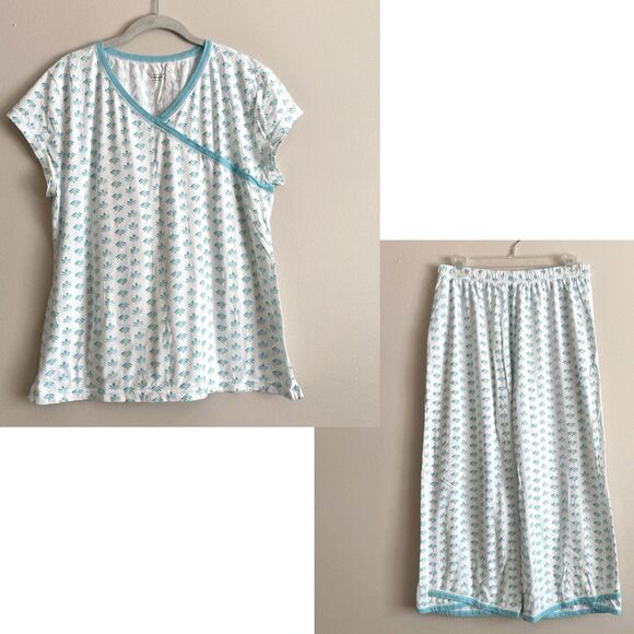 Garnet Hill Blue and White Asian Wrap Pajama Set - Picture 1 of 16